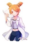 1girl absurdres breasts closed_mouth collarbone denim highres jeans labcoat long_hair looking_at_viewer natsume_(saru_getchu) navel orange_eyes orange_hair pants paper saru_getchu short_twintails simple_background solo supure647 twintails white_background 