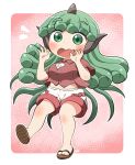  1girl barefoot blush cloud_print collared_shirt curly_hair full_body green_eyes green_hair highres horns kariyushi_shirt komano_aunn long_hair navel open_mouth red_shirt rokugou_daisuke shirt short_sleeves shorts signature single_horn solo touhou white_shorts 