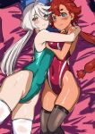  2girls ahoge aiuti aqua_eyes bangs bed black_thighhighs breasts commentary_request competition_swimsuit grey_eyes grey_hair gundam gundam_suisei_no_majo hair_behind_ear hair_between_eyes highres hug long_hair low_ponytail lying medium_breasts miorine_rembran multiple_girls on_side one-piece_swimsuit pillow red_hair suletta_mercury swept_bangs swimsuit thick_eyebrows thighhighs white_hair white_thighhighs 