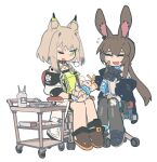  2girls amiya_(arknights) animal_ears arknights bandages black_thighhighs brown_hair cat_ears cat_girl coat green_eyes grey_hair kal&#039;tsit_(arknights) knifedragon long_hair looking_at_another multiple_girls nail_polish one_eye_closed open_mouth rabbit_ears rabbit_girl short_hair simple_background thighhighs white_background 