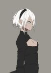  1girl black_dress black_hairband blue_eyes breasts cleavage cleavage_cutout closed_mouth clothing_cutout d.k dress hairband nier_(series) nier_automata short_hair simple_background solo white_hair yorha_no._2_type_b 