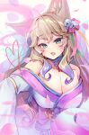  1girl ahri_(league_of_legends) animal_ear_fluff animal_ears bell blue_hair blush breasts brown_hair cleavage collarbone commentary_request facial_mark fang fox_ears gradient_hair grey_background hair_bell hair_ornament heart highres japanese_clothes jingle_bell kimono large_breasts league_of_legends long_hair long_sleeves looking_at_viewer momoirone multicolored_hair obi off_shoulder open_mouth petals sash simple_background sleeves_past_wrists solo very_long_hair whisker_markings white_kimono 