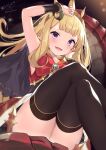  1girl :d absurdres arm_up bangle bangs black_capelet black_dress black_thighhighs blonde_hair blush bow bracelet cagliostro_(granblue_fantasy) capelet commentary_request crossed_legs dress feet_out_of_frame granblue_fantasy hand_up highres jewelry long_hair looking_at_viewer ochinsama purple_eyes red_bow smile solo thighhighs very_long_hair 