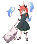  1girl aladry animal_ears black_bow black_footwear blush bow braid cat_ears cat_tail dress green_dress hair_bow kaenbyou_rin leg_ribbon long_sleeves looking_at_viewer multiple_tails red_eyes red_hair ribbon shoes skull smile solo tail touhou twin_braids two_tails wheelbarrow 