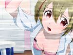  1girl :o alternate_costume arm_up bangs bra brown_hair camera collarbone hair_between_eyes indoors looking_at_viewer open_clothes open_mouth open_shirt pink_bra red_eyes shiny shiny_hair shirt short_hair silica solo sword_art_online table tongue underwear vogel_schwein white_shirt wooden_floor 