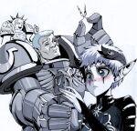  1girl 2boys adeptus_astartes alternate_hair_length alternate_hairstyle armor blush closed_eyes eldar facial_mark frown greyscale holding holding_scissors laurel_crown lewdanon marneus_calgar mirror monochrome monocle multiple_boys pointy_ears primarch roboute_guilliman scissors short_hair spot_color thumbs_up ultramarines warhammer_40k yvraine 