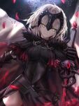  1girl ahoge armor armored_dress bangs black_gloves black_thighhighs breasts chain elbow_gloves eyebrows_hidden_by_hair falling_petals fate/grand_order fate_(series) gloves grey_hair headpiece highres holding holding_sword holding_weapon jeanne_d&#039;arc_alter_(avenger)_(fate) jeanne_d&#039;arc_alter_(fate) ku_ha looking_at_viewer petals short_hair skirt smile solo sword thighhighs weapon yellow_eyes 