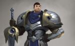  1boy absurdres armor bangs breastplate brown_gloves den_(denwhat) facial_hair garen_(league_of_legends) gloves gradient gradient_background grey_background hand_on_hip highres holding holding_sword holding_weapon league_of_legends legends_of_runeterra looking_away male_focus short_hair shoulder_plates solo stubble sword upper_body weapon 