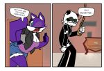  2017 2_panel_comic anthro blue_eyes bottomwear breasts canid canine cleavage clothed clothing comic cutoffs denim denim_clothing duo ear_piercing female fox fur gesture giant_panda giennah_(nelljoestar) hair hands_on_hips hi_res imminent_suicide jacket long_tail mammal nelljoestar noose piercing purple_body purple_fur rope sharp_teeth short_hair shorts smile speech_bubble teeth thumbs_up topwear ursid white_hair wide_hips 
