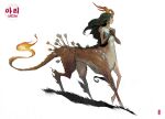  1girl absurdres arrow_(projectile) artist_name bangs brown_hair centaur den_(denwhat) english_commentary fiery_tail from_side hands_on_own_chest highres horns injury league_of_legends legends_of_runeterra long_hair own_hands_together simple_background solo tail taur white_background 