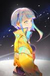  1girl absurdres bleble blue_eyes borrowed_garments breasts crying crying_with_eyes_open cyberpunk_(series) english_commentary grey_hair highres jacket long_sleeves looking_at_viewer lucy_(cyberpunk) medium_breasts sky solo star_(sky) starry_sky tears upper_body yellow_jacket 