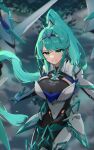  absurdres bangs breasts chest_jewel earrings gem gloves greek_text green_eyes green_hair headpiece highres inuisbink jewelry large_breasts long_hair pneuma_(xenoblade) ponytail swept_bangs tiara very_long_hair xenoblade_chronicles_(series) xenoblade_chronicles_2 