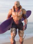  3d_(artwork) alien beach bodypaint clothing digital_media_(artwork) face_paint hi_res kagekave male mass_effect muscular muscular_male outside seaside solo surfboard swimming_trunks swimwear turian video_games walking water 