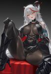  1girl aegir_(azur_lane) armored_boots azur_lane bangs bare_shoulders black_footwear black_gloves blush bodystocking boots breast_curtains breasts corset cross cross-laced_clothes cross_earrings cuboon earrings elbow_gloves gloves high_heel_boots high_heels highres horns jewelry knee_boots large_breasts long_hair looking_at_viewer multicolored_hair open_mouth red_hair sitting smile solo spread_legs streaked_hair white_hair yellow_eyes 