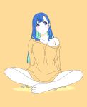  1girl aqua_eyes arm_support blue_eyes blue_hair breasts facing_viewer highres indian_style light_blush long_hair looking_to_the_side matatabeat medium_breasts multicolored_hair no_bra original single_bare_shoulder sitting solo sweater yellow_background yellow_sweater 