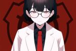  black-framed_eyewear black_hair black_shirt coat formal glasses ms.j.and necktie non-web_source original red_eyes red_tie scp_foundation shirt short_hair solo suit white_coat 