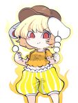  1girl animal_ears blonde_hair blush_stickers brown_headwear cabbie_hat closed_mouth dango food fried_rice0614 hat highres holding holding_food one-hour_drawing_challenge orange_shirt rabbit_ears red_eyes ringo_(touhou) shirt short_hair short_sleeves shorts simple_background smile solo striped striped_shorts touhou vertical-striped_shorts vertical_stripes wagashi white_background yellow_shorts 