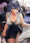  1girl absurdres bangs bare_shoulders blue_eyes blue_hair bow bra_visible_through_clothes breasts chain chair cleavage collarbone collared_shirt desk hair_intakes headband highres holding holding_paper hololive hololive_english huge_breasts looking_at_viewer ouro_kronii paper pencil_skirt secretary shirt short_hair sitting skirt sleeveless solo sweat thighs virtual_youtuber vyragami 