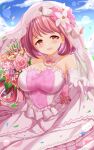  1girl :d bangs bare_shoulders blue_sky breasts brown_eyes cleavage cloud commentary_request day dress elbow_gloves flower gloves highres hoshizaki_akari large_breasts looking_at_viewer ongeki outdoors pink_flower pink_hair pink_rose rose skirt_hold sky smile solo strapless strapless_dress veil white_dress white_flower white_gloves zenon_(for_achieve) 