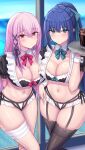  2girls :/ alternate_hairstyle aqua_bow aqua_bowtie aqua_eyes arms_behind_back bandaged_leg bandages bangs bikini black_bikini black_ribbon black_thighhighs blue_hair blue_sky blunt_bangs blush bow bow_bikini bowtie breasts chin_gero cleavage closed_mouth collarbone commentary_request cup detached_collar drink drinking_glass earrings engage_kiss feet_out_of_frame frilled_bikini frilled_sleeves frills garter_straps glint groin hair_between_eyes hair_bow hair_ornament hair_ribbon hand_on_hip hand_up highres holding holding_tray horizon ice ice_cube indoors jewelry kisara_(engage_kiss) large_breasts long_hair looking_at_viewer maid_bikini multi-strapped_bikini multi-strapped_bikini_bottom multiple_girls navel ocean pink_hair pony puffy_short_sleeves puffy_sleeves red_bow red_bowtie red_eyes ribbon short_sleeves side-by-side side-tie_bikini_bottom sky standing stomach swimsuit thighhighs tray two-tone_bikini very_long_hair white_bikini wrist_cuffs x_hair_ornament yuugiri_ayano 