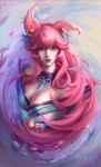  1girl absurdres ahri_(league_of_legends) animal_ear_fluff animal_ears bangs bare_shoulders bell breasts cleavage facial_mark fox_ears fox_girl green_kimono hair_bell hair_ornament highres japanese_clothes kimono large_breasts league_of_legends long_hair looking_at_viewer petals pink_hair ribbon shiny shiny_hair signature smile solo spirit_blossom_(league_of_legends) spirit_blossom_ahri wang_bu_chou whisker_markings 