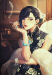  1girl artist_name bangs blue_eyes blue_hair bracelet china_dress chinese_clothes cigarette closed_mouth dress earrings fur genshin_impact hair_ornament highres holding holding_cigarette indoors jewelry lips makeup memechkin nail_polish nose pearl_bracelet phone ring rotary_phone sitting smoke smoking solo tassel yelan_(genshin_impact) 