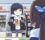  3girls black_hair black_jacket blue_hair blue_shorts bottle commentary contemporary convenience_store denim denim_shorts english_commentary genshin_impact highres hood hood_down hoodie hu_tao_(genshin_impact) indoors jacket lawson lifting_person long_hair long_sleeves multiple_girls shelf shenhe_(genshin_impact) shop short_hair shorts white_hoodie xinzoruo yelan_(genshin_impact) 