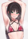  1girl absurdres armpits arms_up bangs bare_arms bare_shoulders bikini black_hair blush breasts collarbone commentary criss-cross_halter ear_blush floral_print green_eyes grey_background half-closed_eyes halterneck highres kurosawa_dia long_hair looking_at_viewer love_live! love_live!_sunshine!! messy_hair mole mole_under_mouth nasuno_(nasuno42) nose_blush parted_lips print_bikini red_bikini seductive_smile sidelocks simple_background small_breasts smile solo steaming_body sweat swimsuit upper_body water_drop wet wet_hair 