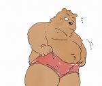  2022 anthro belly brown_body bulge clothing humanoid_hands kemono male mammal moobs navel nipples one_eye_closed overweight overweight_male pommn_mn simple_background solo underwear ursid 