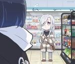  2girls bag_of_chips black_hair black_shirt blue_hair blue_pants bottle brown_bag brown_jacket commentary contemporary convenience_store english_commentary genshin_impact gradient_hair highres indoors jacket long_hair long_sleeves multicolored_hair multiple_girls pants shelf shenhe_(genshin_impact) shirt shop short_hair solo_focus very_long_hair white_hair xinzoruo yelan_(genshin_impact) 