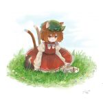  1girl absurdres amedama_ameme animal_ears bangs bow bowtie brown_eyes brown_hair cat cat_ears cat_girl cat_tail chen closed_mouth commentary dress flower full_body grass green_headwear hat highres juliet_sleeves long_sleeves medium_hair mob_cap multiple_cats multiple_tails nail_polish puffy_sleeves red_dress red_nails shirt signature sitting solo symbol-only_commentary tail touhou two_tails white_background white_bow white_bowtie white_shirt 
