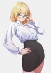  1girl absurdres bangs blonde_hair blue_eyes breasts cleavage collared_shirt glasses highres hololive hololive_english long_sleeves looking_at_viewer pencil_skirt reulem secretary shirt short_hair skirt solo virtual_youtuber watson_amelia white_background 