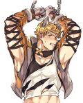  1boy abs armpits bangs bara black_tank_top blonde_hair blush bound bound_wrists cropped_jacket fur_collar granblue_fantasy green_eyes hazama_(hazamazama) jacket large_pectorals male_focus muscular muscular_male official_alternate_costume one_eye_closed orange_jacket pectorals shirt short_hair simple_background solo tank_top torn_clothes torn_shirt vane_(granblue_fantasy) vane_(halloween)_(granblue_fantasy) white_background white_shirt wolf_boy wolf_paws 