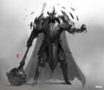  1boy absurdres armor armored_boots boots breastplate cape den_(denwhat) fake_horns full_armor full_body gauntlets gradient gradient_background grey_background hand_up helmet highres holding holding_weapon horned_helmet horns league_of_legends mace male_focus mordekaiser red_eyes shoulder_plates solo spiked_mace spikes standing weapon 