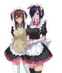  2girls absurdres akiba_maid_sensou animal_ears apron arms_behind_back bangs black_dress black_hair black_thighhighs blue_eyes bow bowtie breasts brown_eyes brown_hair commentary_request cowboy_shot dress fake_animal_ears frilled_apron frills highres large_breasts long_hair looking_at_viewer maid maid_headdress mannen_ranko multiple_girls own_hands_together paradox_(parapa) pig_ears pink_bow pink_bowtie puffy_short_sleeves puffy_sleeves short_dress short_hair short_sleeves simple_background smile standing thighhighs thighs two_side_up wahira_nagomi waist_apron white_apron white_background white_thighhighs wrist_cuffs zettai_ryouiki 