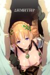  1girl armor bangs bikini bikini_top_only black_gloves blonde_hair blush braid braided_ponytail breasts cleavage crown_braid demeter_(fate) detached_collar detached_sleeves dress earrings echo_(circa) fate/grand_order fate_(series) gloves green_bikini green_dress jewelry large_breasts laurel_crown long_hair looking_at_viewer pauldrons pendant purple_eyes shoulder_armor smile solo swimsuit very_long_hair 