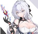  1girl absurdres bangs bare_shoulders black_gloves blue_nails breasts bronya_zaychik bronya_zaychik_(silverwing:_n-ex) cleavage cleavage_cutout closed_mouth clothing_cutout dress drill_hair gloves grey_eyes grey_hair highres honkai_(series) honkai_impact_3rd large_breasts long_hair looking_at_viewer nail_polish power_man_(xy1950314788) simple_background single_glove smile solo twin_drills white_background white_dress 
