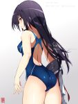  1girl ass black_hair blue_one-piece_swimsuit clothes_removed commentary_request competition_swimsuit from_behind gradient gradient_background grey_background grey_sailor_collar highres long_hair looking_back neckerchief one-piece_swimsuit original parted_lips red_eyes red_neckerchief sailor_collar school_uniform sebunsu serafuku solo standing swimsuit white_background 