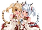  2girls 6l36 animal_ear_fluff animal_ears animal_hands armpit_crease bai_(granblue_fantasy) bangs bell blonde_hair blunt_bangs bow breasts brown_eyes detached_sleeves dress erune fang finger_to_another&#039;s_cheek gloves granblue_fantasy highres huang_(granblue_fantasy) jingle_bell mandarin_collar matching_outfit medium_hair multiple_girls open_mouth paw_gloves red_dress short_twintails siblings single_glove sisters skin_fang sleeveless sleeveless_dress small_breasts tail tiger_ears tiger_girl tiger_stripes tiger_tail twins twintails white_background white_bow white_hair 