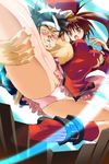  1girl bare_shoulders blood blush breast_grab breasts brown_eyes brown_hair censored china_dress chinese_clothes detached_sleeves dress fan grabbing guilty_gear hair_ornament japanese_clothes kicking kuradoberi_jam large_breasts long_hair mito_anji nosebleed open_mouth panties pantyshot penis pink_panties tanaka_hitoriaruki underwear very_long_hair 