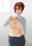  bra breasts brown_eyes brown_hair cleavage futon_suki glasses jewelry large_breasts lingerie miniskirt necklace original pencil_skirt shirt shirt_lift skirt solo sweat sweater taut_clothes taut_shirt teacher turtleneck undershirt underwear 