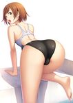  ass back brown_hair competition_swimsuit copyright_request highres kuri_(kurigohan) one-piece_swimsuit open_mouth shiny shiny_clothes short_hair simple_background solo swimsuit trefoil wet 