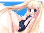  artist_request blonde_hair blue_eyes blush long_hair momoiro_taisen_pairon one-piece_swimsuit original school_swimsuit solo swimsuit towel twintails very_long_hair wallpaper 