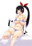  barefoot bikini black_hair breasts elbow_gloves feet gloves green_eyes henkuma highres huge_breasts long_hair looking_away micro_bikini navel open_mouth original side-tie_bikini side_ponytail sitting soaking_feet soles solo splashing striped striped_bikini swimsuit toes water 