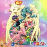  1girl 90s absurdres angel_wings animal_ears bass_(houma_hunter_lime) cat_ears character_request green_hair highres houma_hunter_lime leotard lime_(houma_hunter_lime) long_hair nakajima_atsuko official_art pink_leotard rainbow_background thighhighs wings 