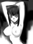  armpits arms_up breasts face greyscale large_breasts monochrome original ruuen_rouga solo topless 