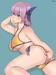  ass ayane_(doa) bikini breasts chin_rest covered_nipples dead_or_alive hair_ribbon large_breasts looking_back lying on_side purple_hair red_eyes ribbon side-tie_bikini solo swimsuit underboob zenkou 