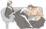  1girl black_hair bleach couch couple feet flat_chest foot_worship glasses hetero high_heels ise_nanao japanese_clothes jpeg_artifacts kyouraku_shunsui leg_worship non-web_source pale_skin sandals shoes sketch toes topless 