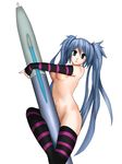  bad_id bad_pixiv_id blue_eyes blue_hair breasts detached_sleeves highres holding_stylus long_hair medium_breasts navel nude original simple_background skindentation solo striped striped_legwear stylus thighhighs thighs twintails underboob unknown_(koime) 