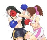  battle black_hair blood bow boxing boxing_gloves boxing_shorts breasts brown_hair bruise clenched_teeth copyright_request duel hair_bow injury large_breasts long_hair mouth_guard multiple_girls open_mouth papa ponytail punching saliva short_shorts shorts sports_bra sweat teeth underboob 